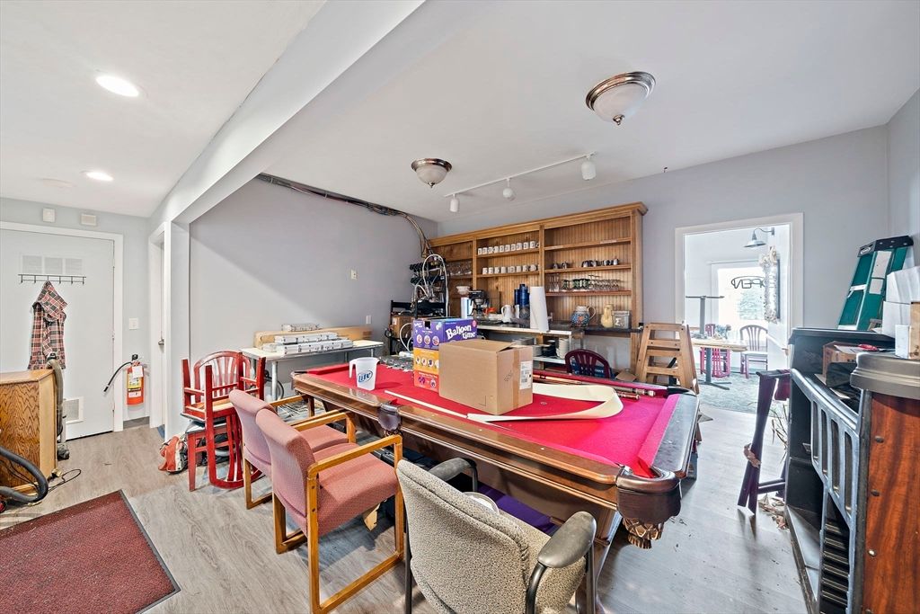 Dining room, Game Room, Interior, Recessed Lighting, Wood Texture Flooring