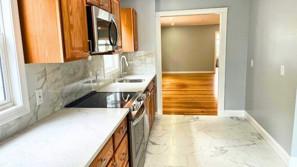 Interior, Kitchen, Marble, Recessed Lighting, Wood Texture Flooring