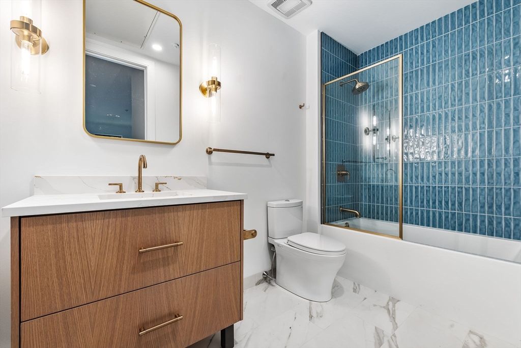 Bathroom, Dual Sink Vanities, Glass Shower, Interior, Marble, Recessed Lighting