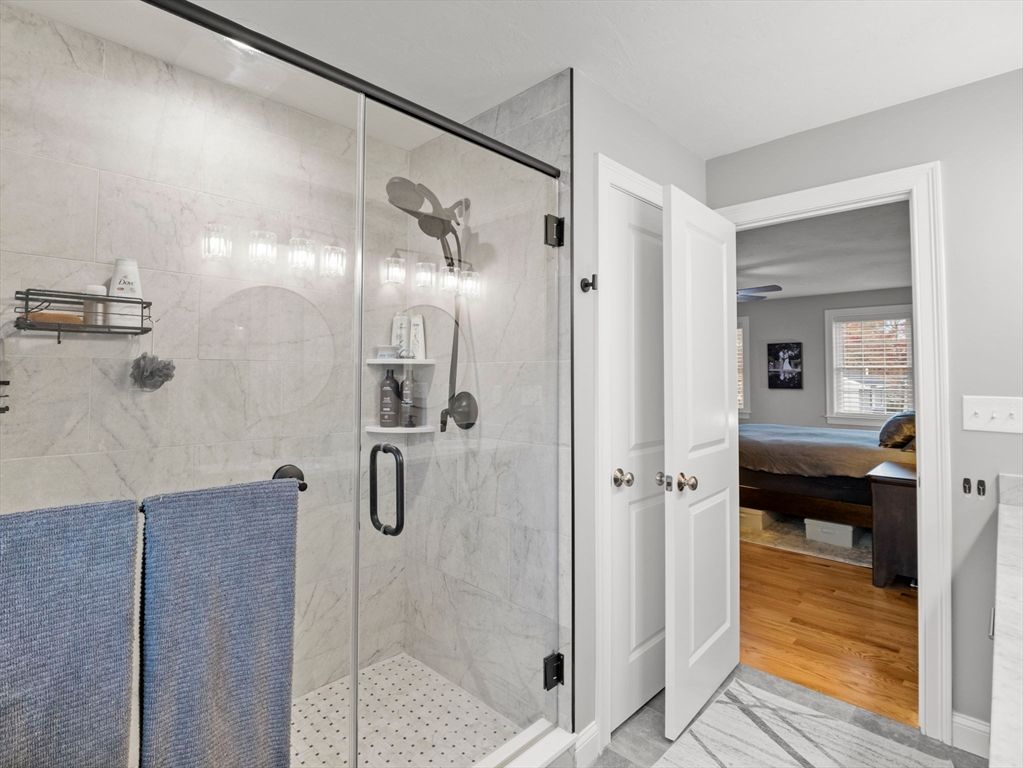 Bathroom, Glass Shower, Interior, Marble, Marble Walls, Wood Texture Flooring