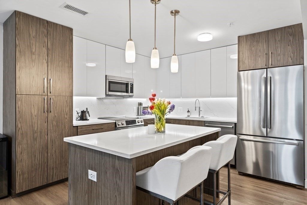 Interior, Kitchen, Pendant Lights, Stainless Steel Appliances, Wood Texture Flooring