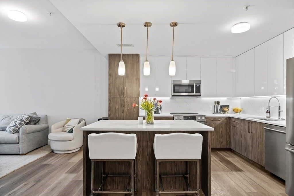 Interior, Kitchen, Pendant Lights, Stainless Steel Appliances, Wood Texture Flooring
