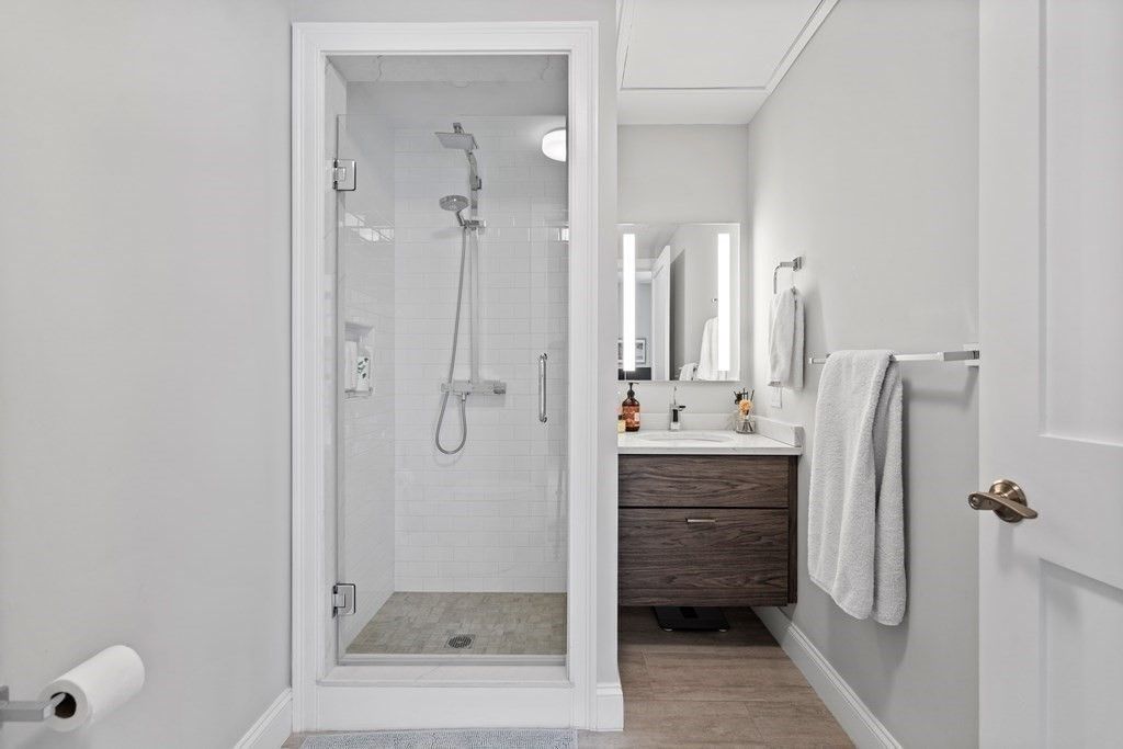 Bathroom, Glass Shower, Interior, Wood Texture Flooring