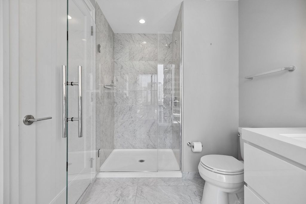 Bathroom, Glass Shower, Interior, Marble, Marble Walls, Recessed Lighting