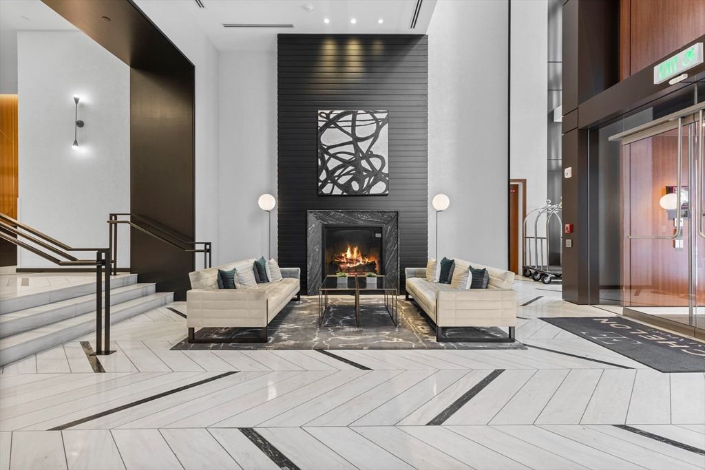 Fireplace, Interior, Living room, Recessed Lighting, Wood Texture Flooring, Wooden Walls