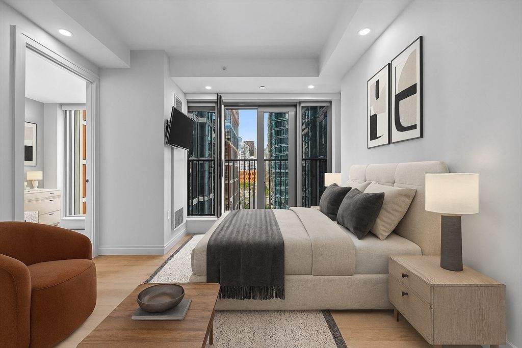 Bedroom, Interior, Recessed Lighting, Wood Texture Flooring