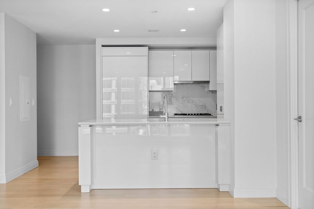 Interior, Kitchen, Marble Walls, Recessed Lighting, Wood Texture Flooring