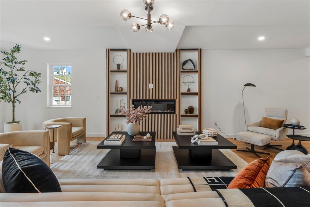 Fireplace, Interior, Living room, Recessed Lighting, Wood Texture Flooring