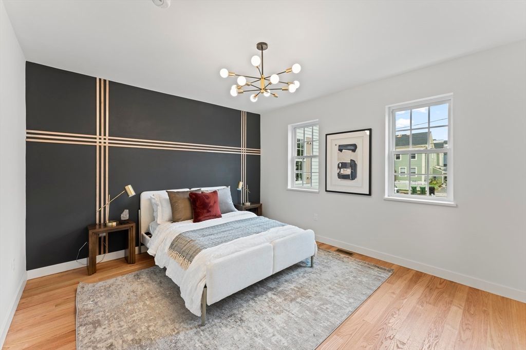 Bedroom, Interior, Pendant Lights, Wood Texture Flooring
