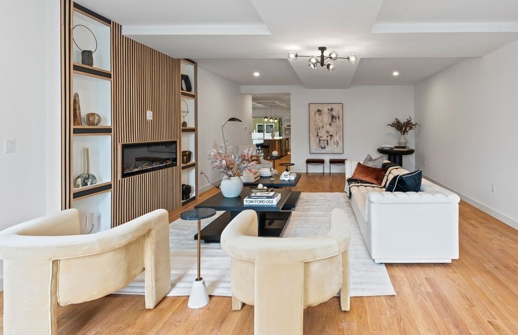 Fireplace, Interior, Living room, Recessed Lighting, Wood Texture Flooring