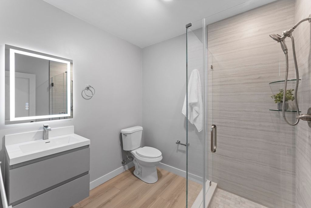 Bathroom, Glass Shower, Interior, Wood Texture Flooring