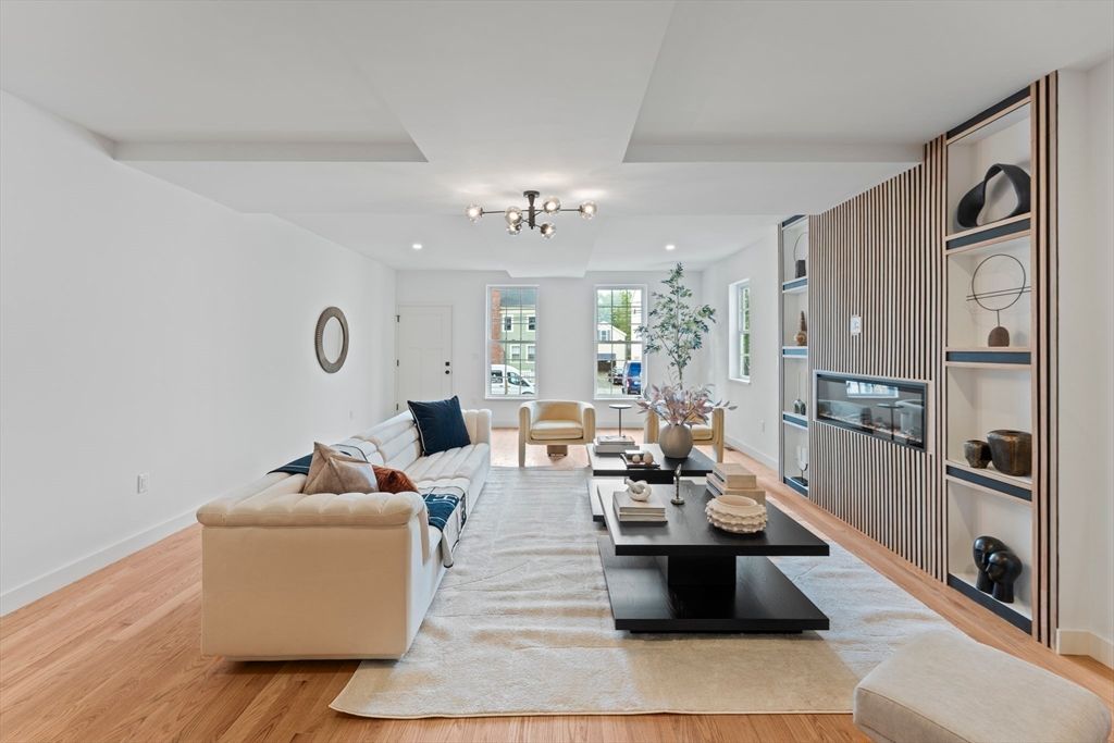 Fireplace, Interior, Living room, Recessed Lighting, Wood Texture Flooring