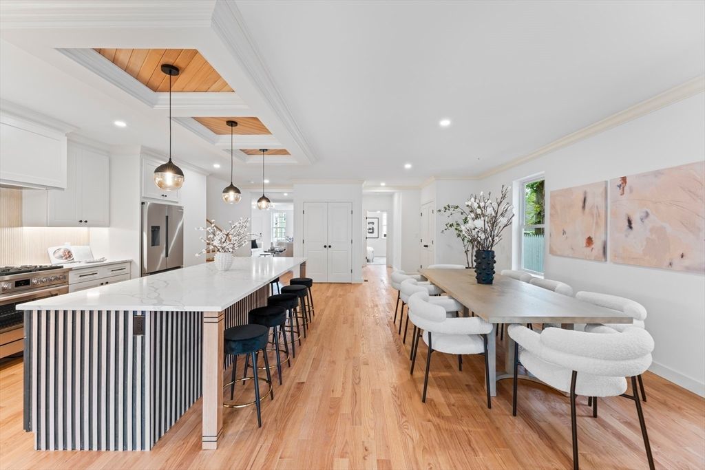 Dining room, Interior, Kitchen, Pendant Lights, Recessed Lighting, Stainless Steel Appliances, Wood Texture Flooring