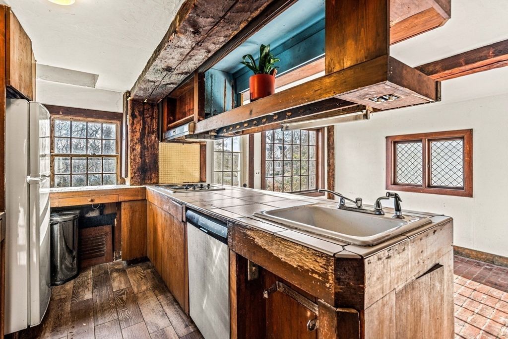 Interior, Kitchen, Tile Countertops, Wood Texture Flooring