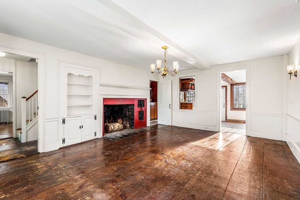 Chandelier, Empty room, Fireplace, Interior, Wood Texture Flooring
