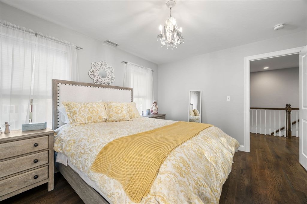 Bedroom, Chandelier, Interior, Pendant Lights, Recessed Lighting, Wood Texture Flooring