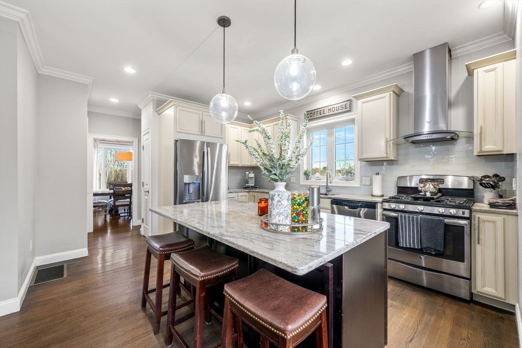 Interior, Kitchen, Pendant Lights, Recessed Lighting, Stainless Steel Appliances, Wood Texture Flooring