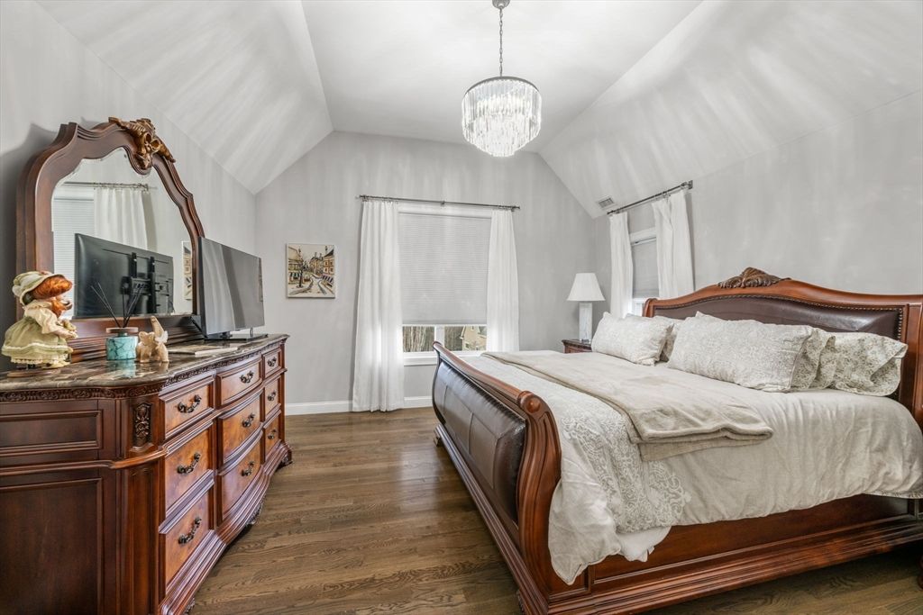 Bedroom, Chandelier, Interior, Wood Texture Flooring