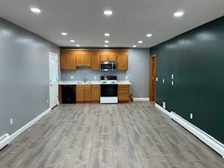 Interior, Kitchen, Recessed Lighting, Stainless Steel Appliances, Wood Texture Flooring