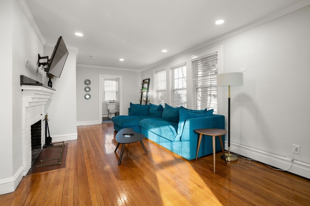 Fireplace, Interior, Living room, Recessed Lighting, Wood Texture Flooring