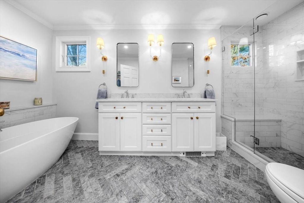 Bathroom, Dual Sink Vanities, Free Standing Baths, Glass Shower, Interior, Marble, Marble Walls