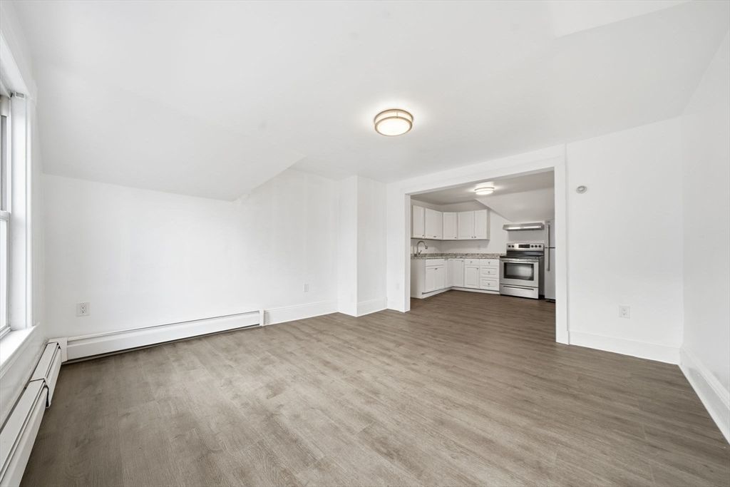 Empty room, Interior, Kitchen, Stainless Steel Appliances, Wood Texture Flooring