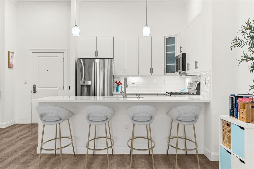 Interior, Kitchen, Pendant Lights, Stainless Steel Appliances, Wood Texture Flooring