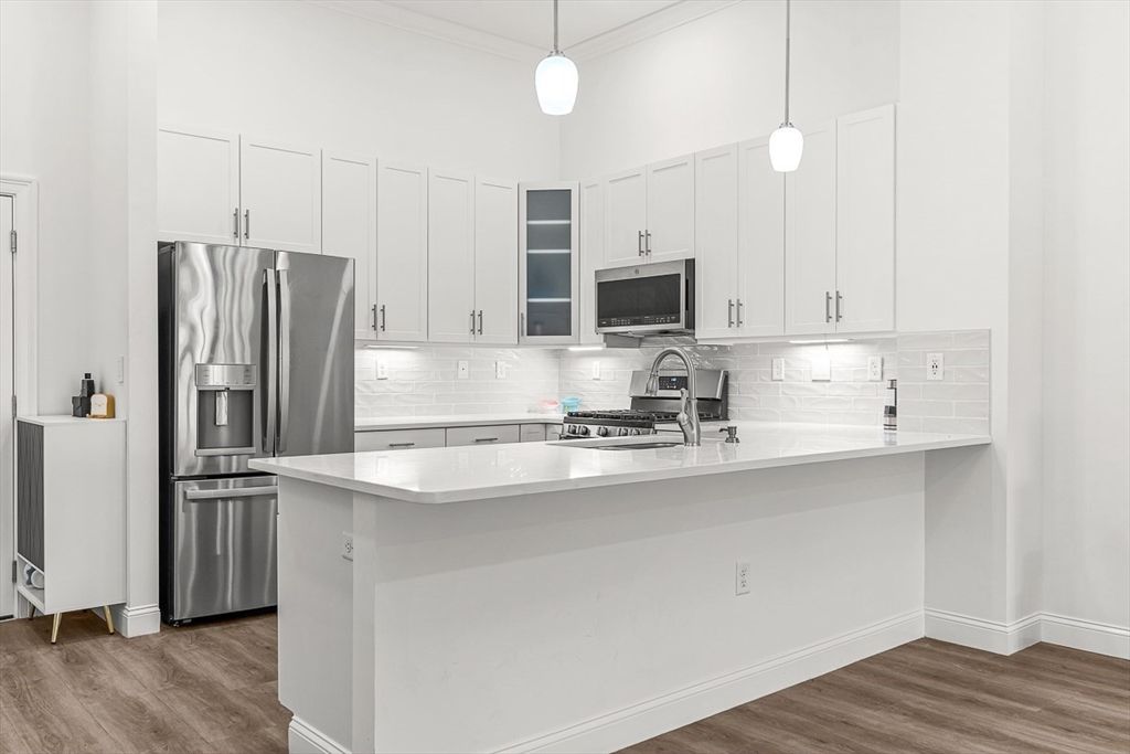 Interior, Kitchen, Pendant Lights, Stainless Steel Appliances, Wood Texture Flooring