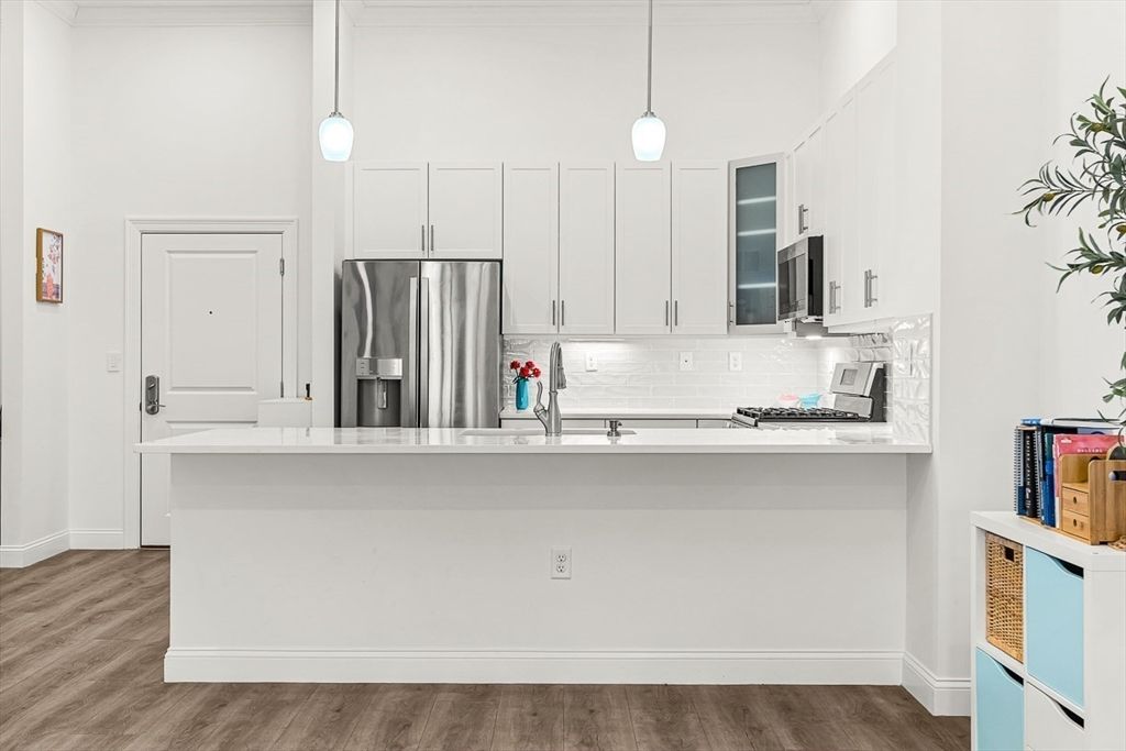 Interior, Kitchen, Pendant Lights, Stainless Steel Appliances, Wood Texture Flooring