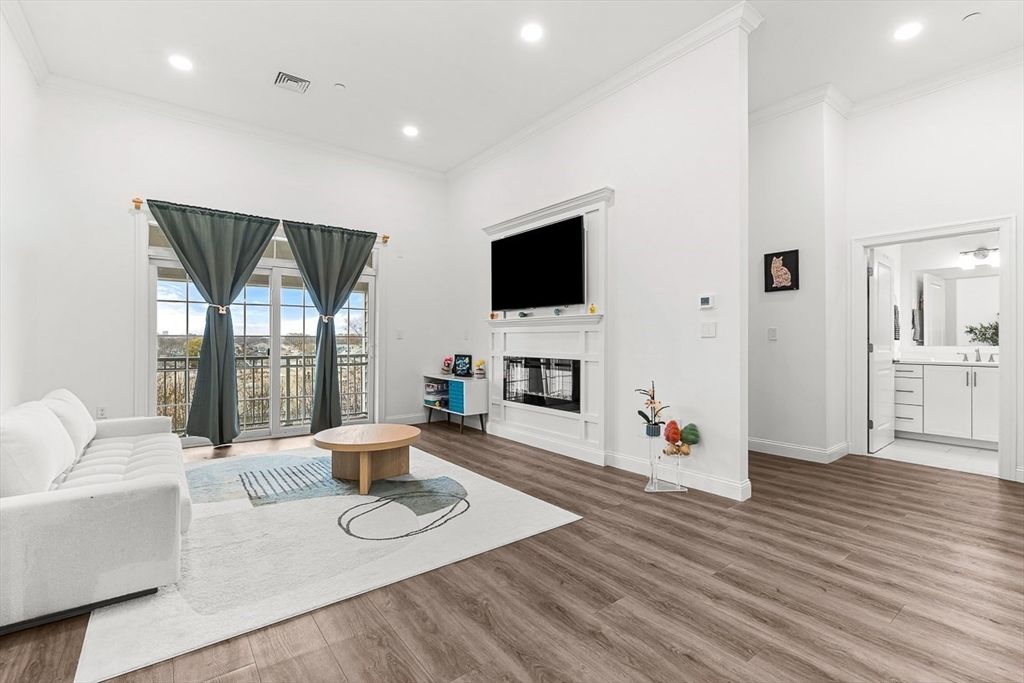 Fireplace, Interior, Living room, Recessed Lighting, Wood Texture Flooring