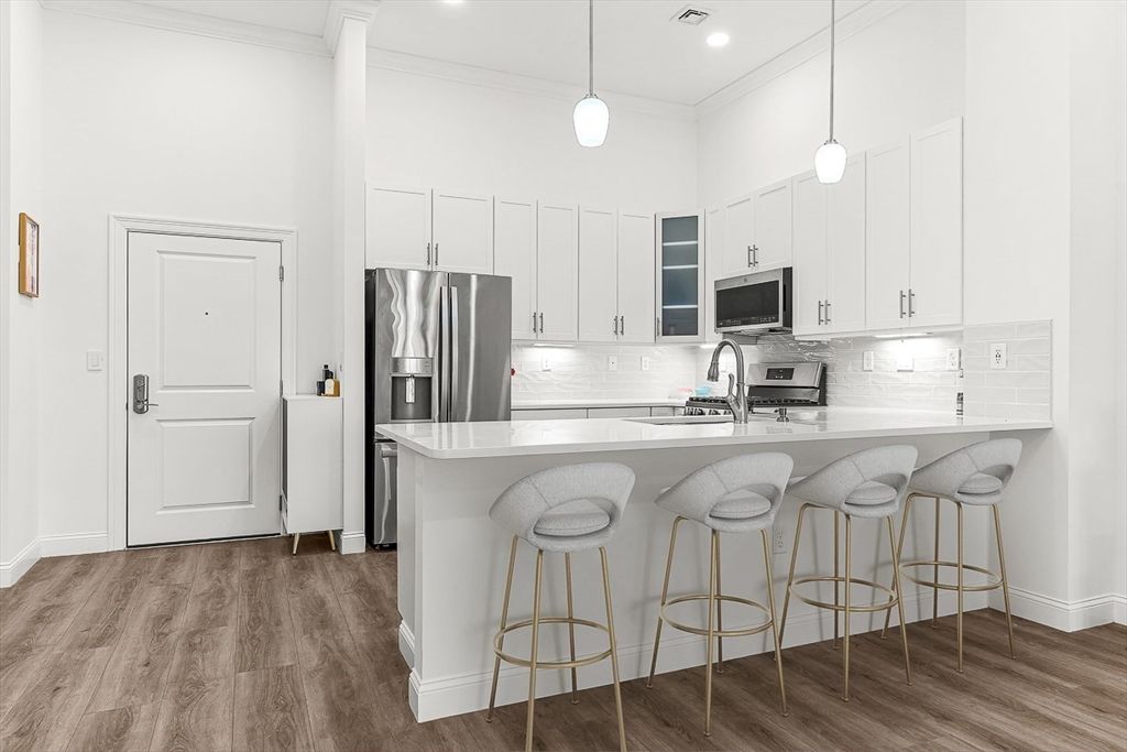 Interior, Kitchen, Pendant Lights, Recessed Lighting, Stainless Steel Appliances, Wood Texture Flooring