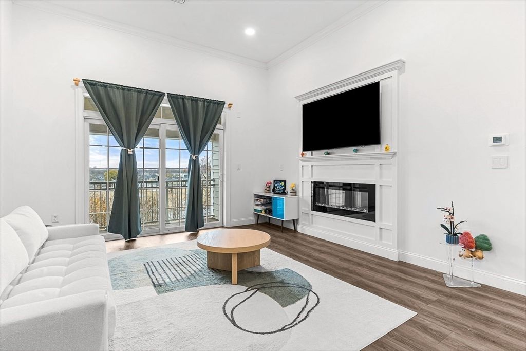 Fireplace, Interior, Living room, Recessed Lighting, Wood Texture Flooring