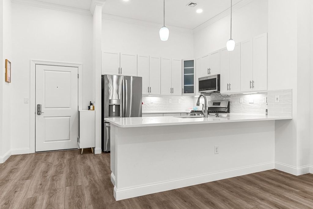 Interior, Kitchen, Pendant Lights, Recessed Lighting, Stainless Steel Appliances, Wood Texture Flooring