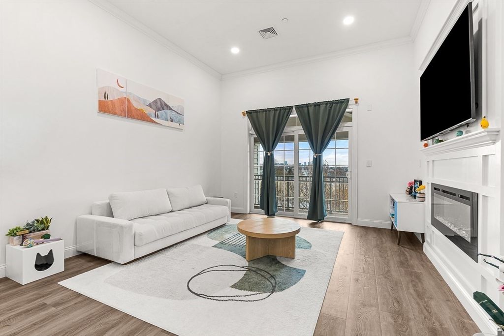 Fireplace, Interior, Living room, Recessed Lighting, Wood Texture Flooring