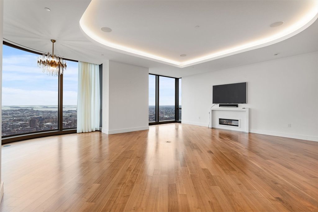 Chandelier, Empty room, Fireplace, Interior, Recessed Lighting, Wood Texture Flooring