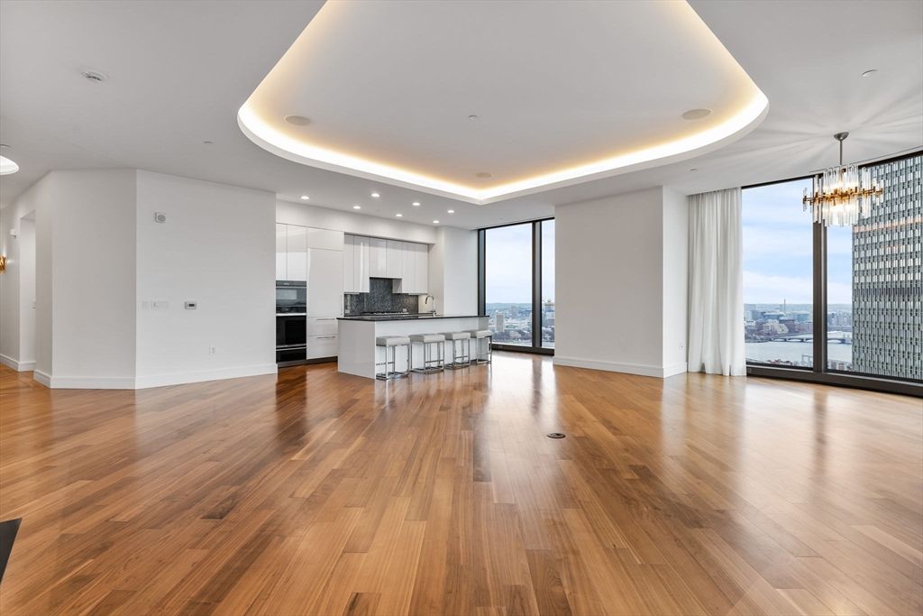 Chandelier, Interior, Kitchen, Pendant Lights, Recessed Lighting, Stainless Steel Appliances, Wood Texture Flooring