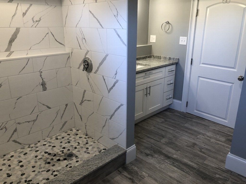 Bathroom, Interior, Marble Walls, Wood Texture Flooring