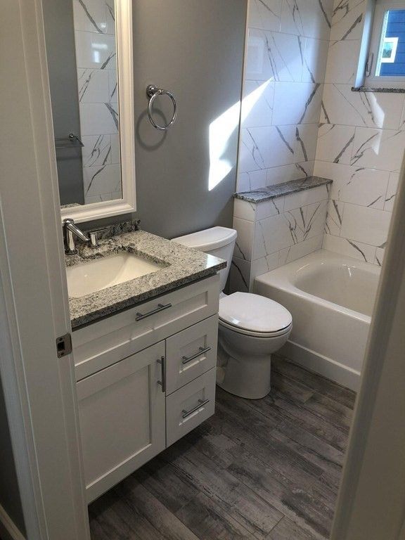 Bathroom, Interior, Marble Walls, Wood Texture Flooring
