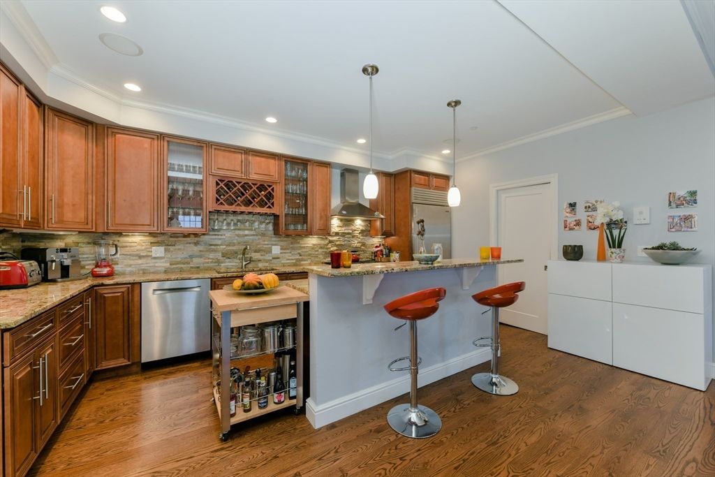 Interior, Kitchen, Pendant Lights, Recessed Lighting, Stainless Steel Appliances, Wood Texture Flooring