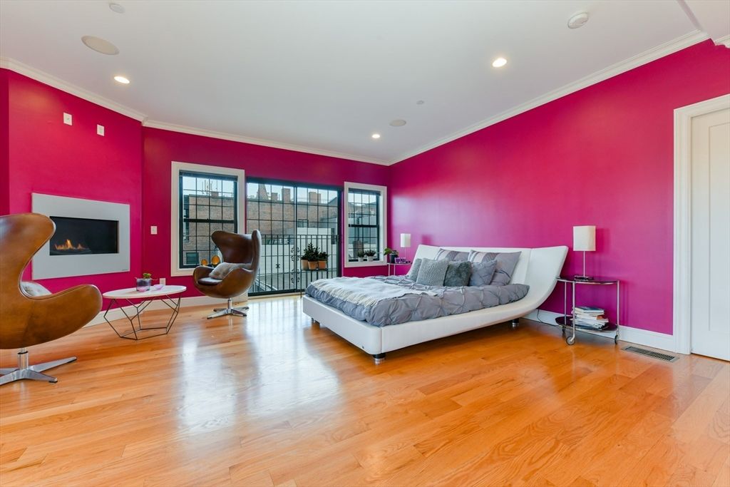 Bedroom, Fireplace, Interior, Recessed Lighting, Wood Texture Flooring