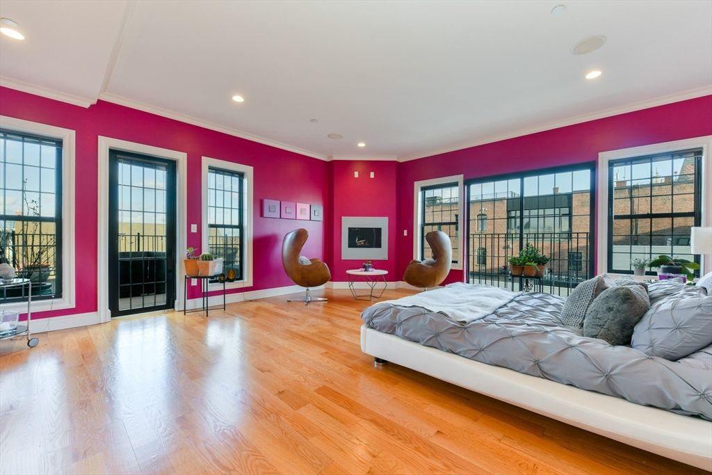 Bedroom, Fireplace, Interior, Recessed Lighting, Wood Texture Flooring