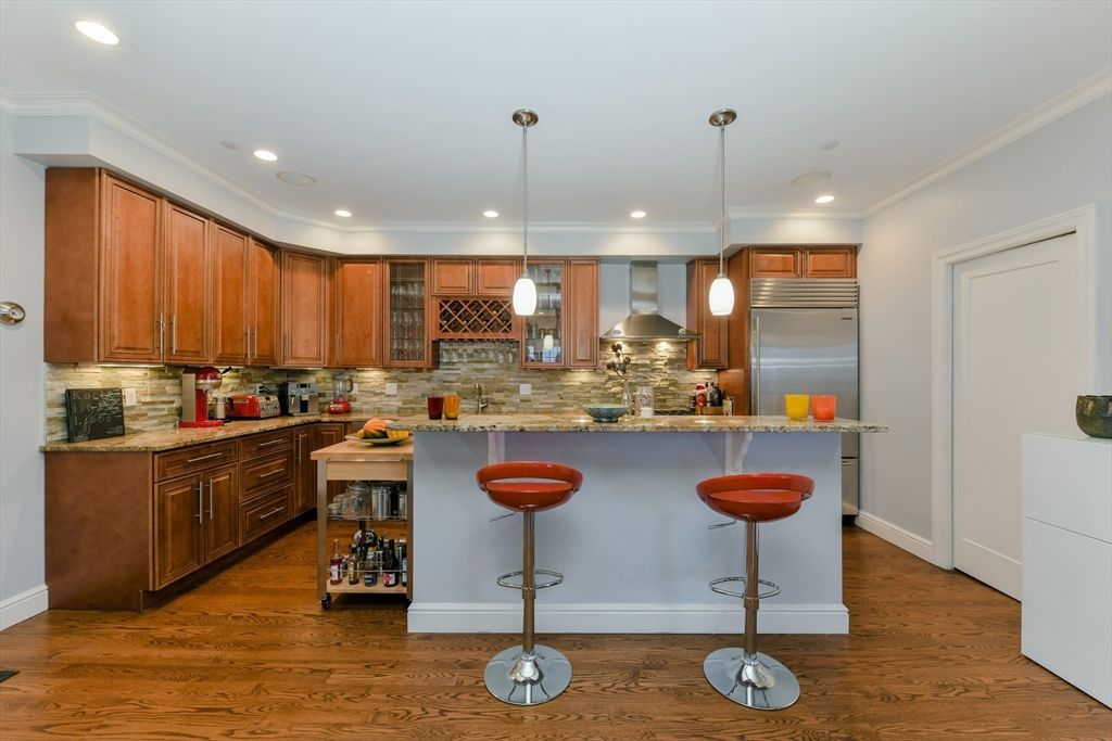 Interior, Kitchen, Pendant Lights, Recessed Lighting, Stainless Steel Appliances, Stone Walls, Wood Texture Flooring