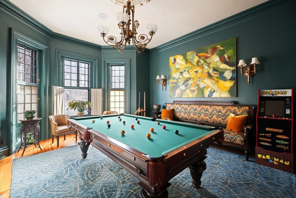 Billiard Table, Chandelier, Game Room, Interior, Wood Texture Flooring
