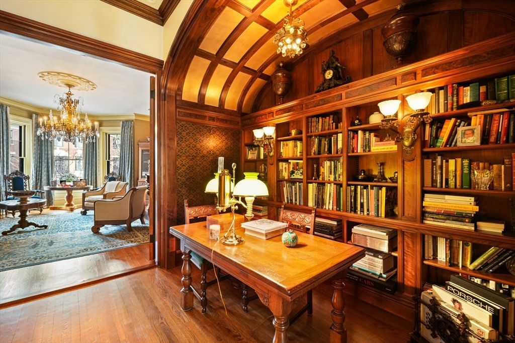 Chandelier, Home Office, Interior, Wooden Beams, Wood Texture Flooring, Wooden Walls