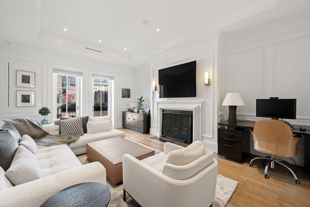 Fireplace, Home Office, Interior, Living room, Recessed Lighting, Wood Texture Flooring