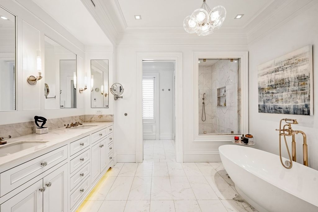 Bathroom, Dual Sink Vanities, Free Standing Baths, Interior, Marble, Marble Walls, Recessed Lighting