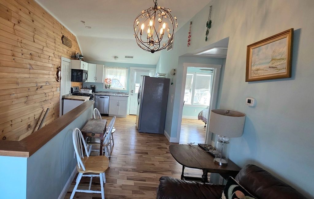 Chandelier, Interior, Kitchen, Pendant Lights, Stone Walls, Wood Texture Flooring, Wooden Walls