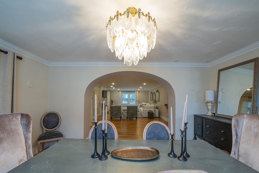 Chandelier, Dining room, Fireplace, Interior, Living room, Recessed Lighting, Wood Texture Flooring