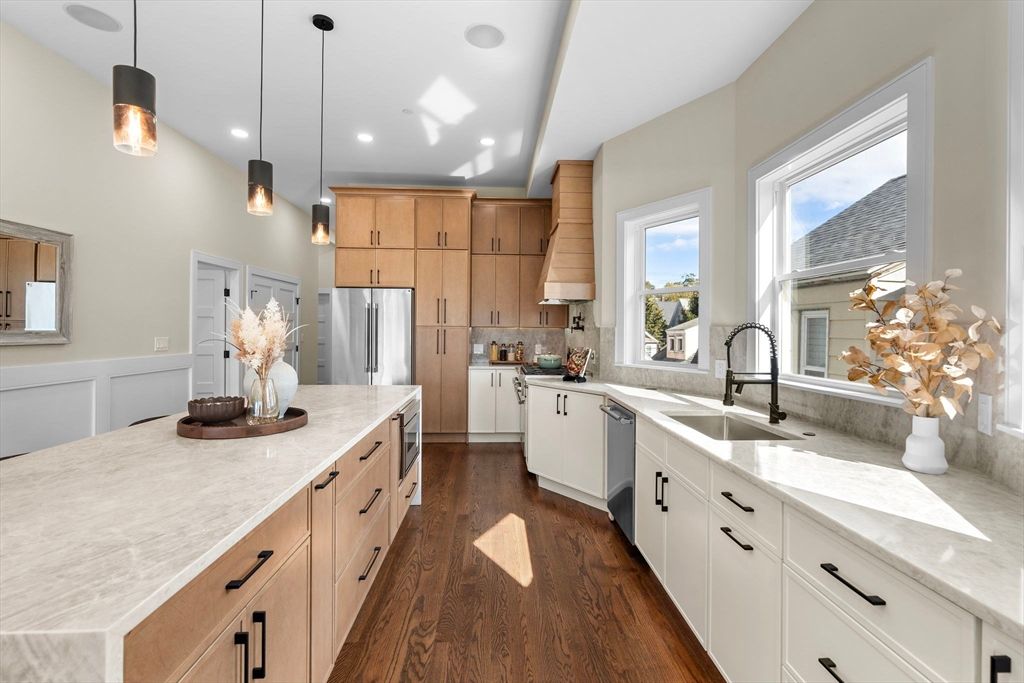 Interior, Kitchen, Pendant Lights, Recessed Lighting, Stainless Steel Appliances, Wood Texture Flooring
