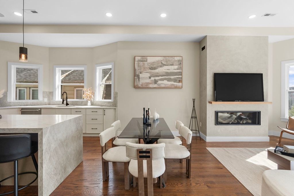 Dining room, Fireplace, Interior, Kitchen, Pendant Lights, Recessed Lighting, Wood Texture Flooring